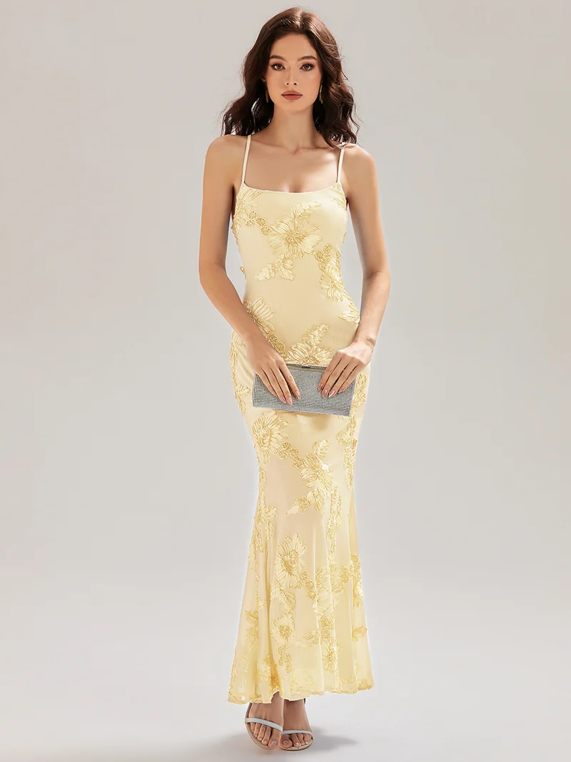 Robe maxi sirène sans manches à bretelles élastiques avec nœud à l'avant et rubans fluides