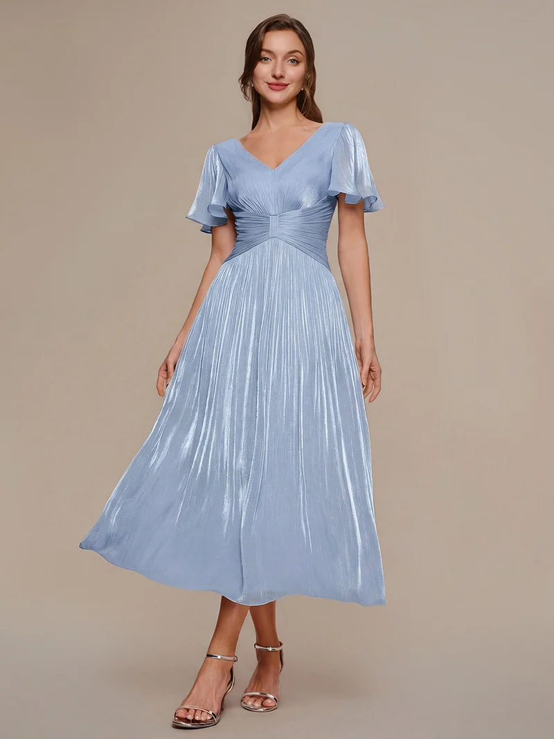 Robe midi à manches courtes avec volants en V et détails froncés