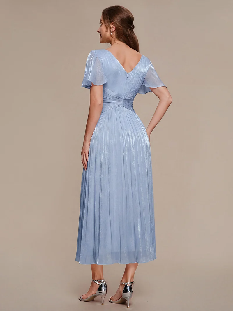 Robe midi à manches courtes avec volants en V et détails froncés