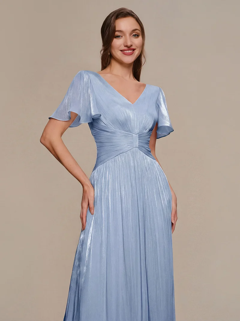 Robe midi à manches courtes avec volants en V et détails froncés