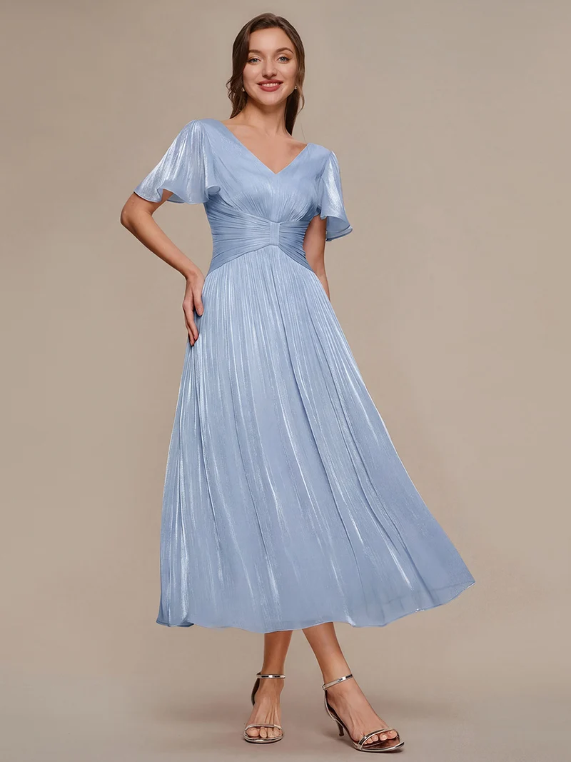 Robe midi à manches courtes avec volants en V et détails froncés