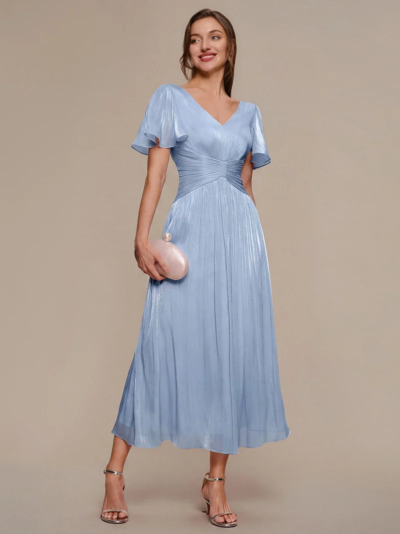 Robe midi à manches courtes avec volants en V et détails froncés