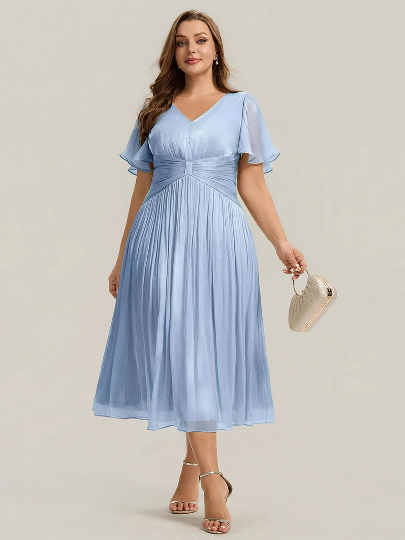 Robe midi à manches courtes avec volants en V et détails froncés