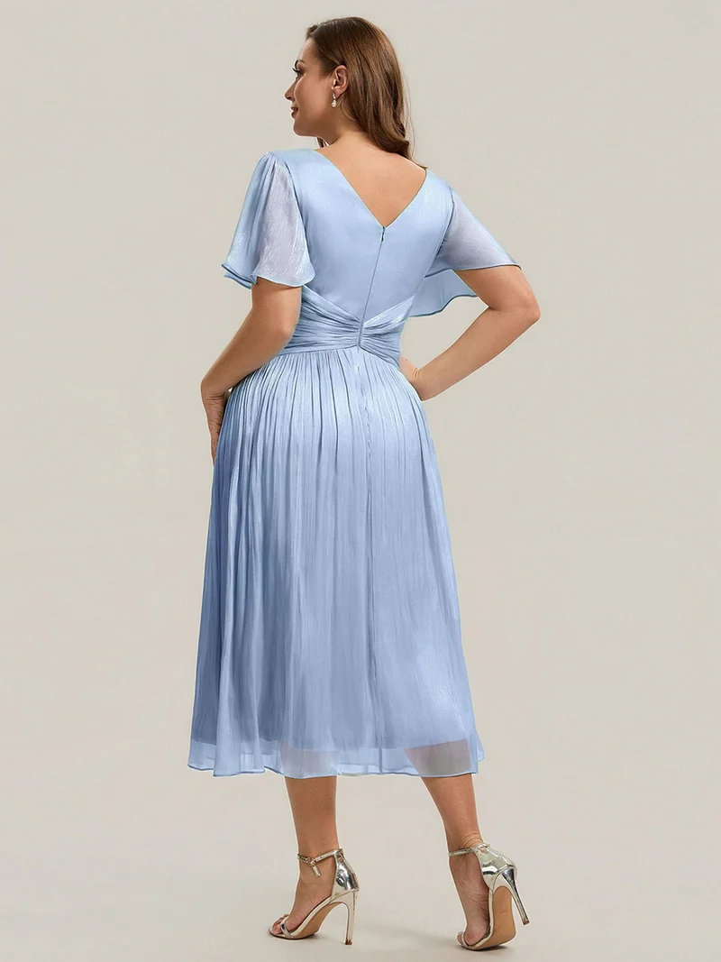 Robe midi à manches courtes avec volants en V et détails froncés
