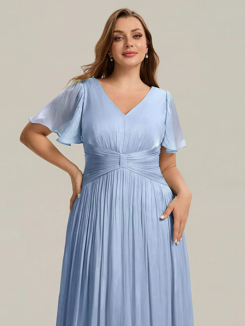 Robe midi à manches courtes avec volants en V et détails froncés