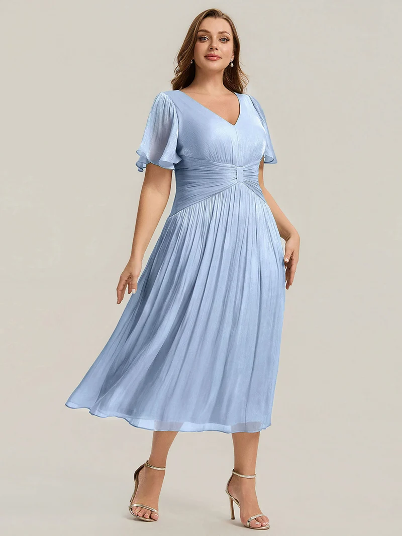 Robe midi à manches courtes avec volants en V et détails froncés
