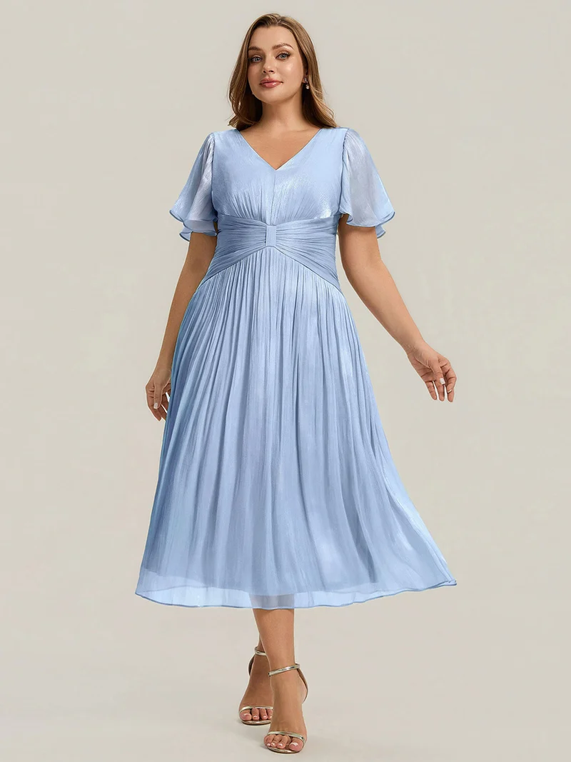 Robe midi à manches courtes avec volants en V et détails froncés
