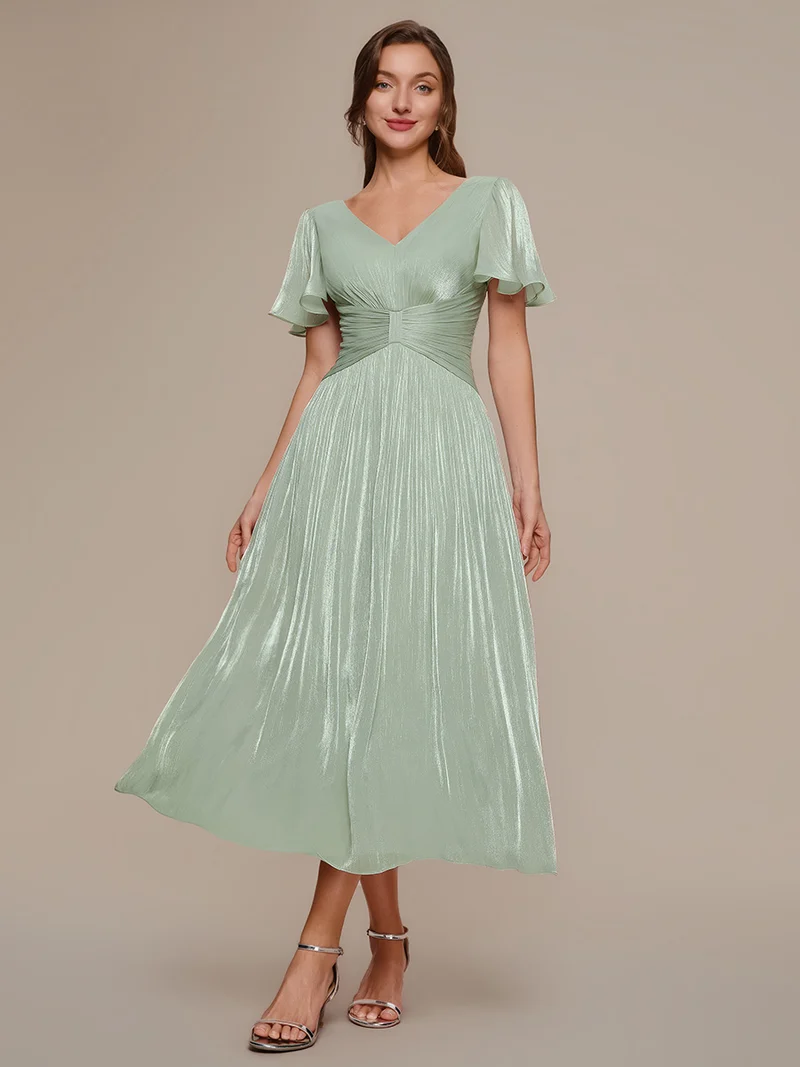 Robe midi à manches courtes avec volants en V et détails froncés