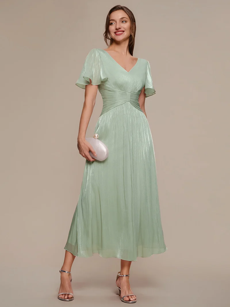Robe midi à manches courtes avec volants en V et détails froncés