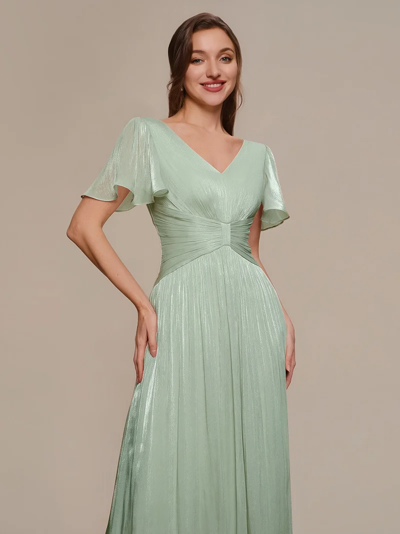 Robe midi à manches courtes avec volants en V et détails froncés