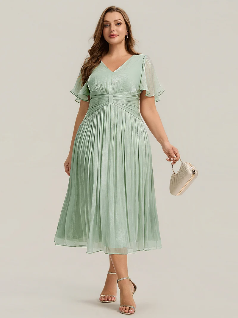 Robe midi à manches courtes avec volants en V et détails froncés