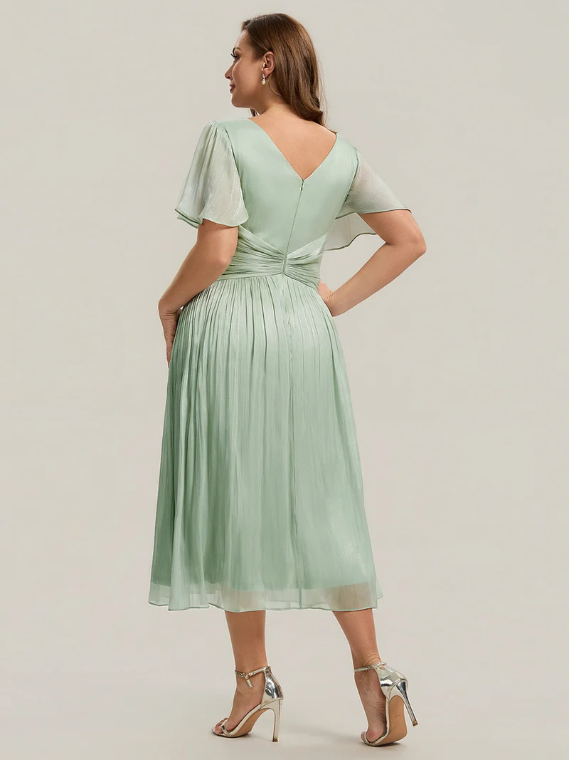 Robe midi à manches courtes avec volants en V et détails froncés