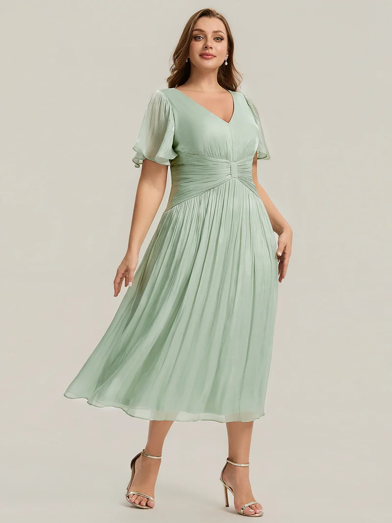 Robe midi à manches courtes avec volants en V et détails froncés