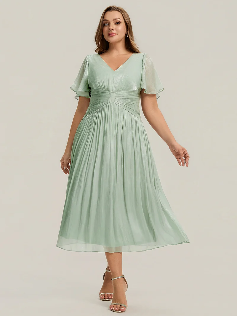 Robe midi à manches courtes avec volants en V et détails froncés