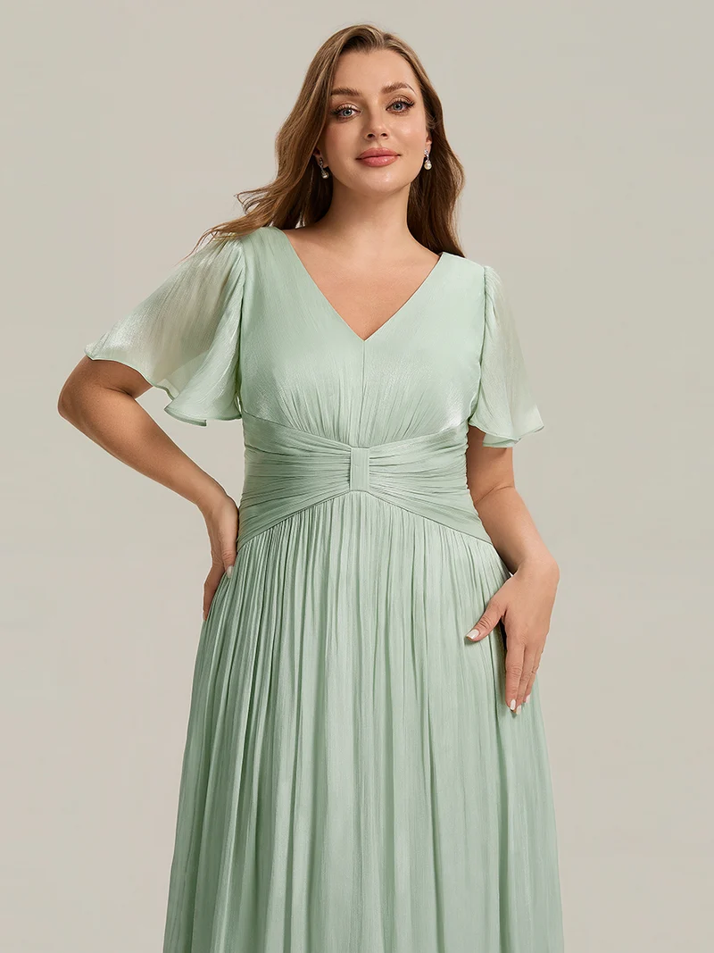 Robe midi à manches courtes avec volants en V et détails froncés