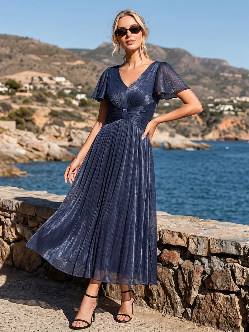Robe midi à manches courtes avec volants en V et détails froncés