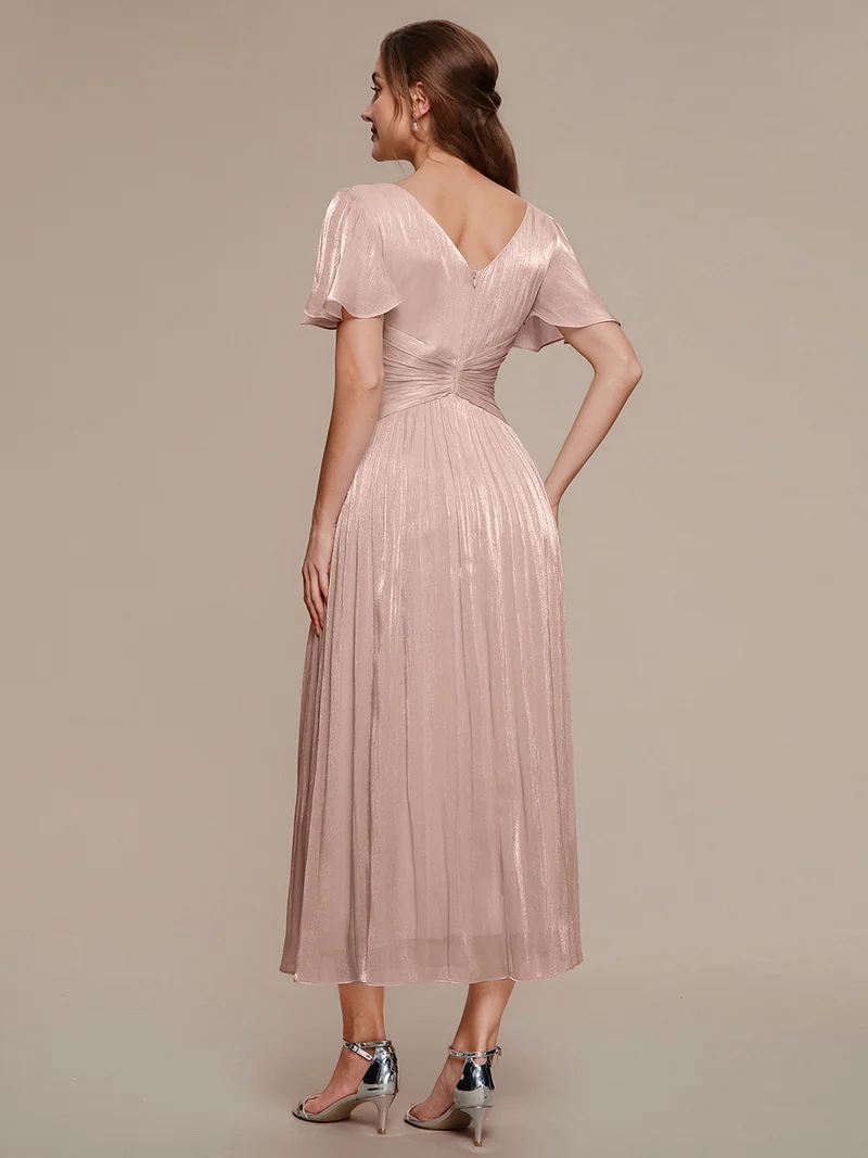 Robe midi à manches courtes avec volants en V et détails froncés