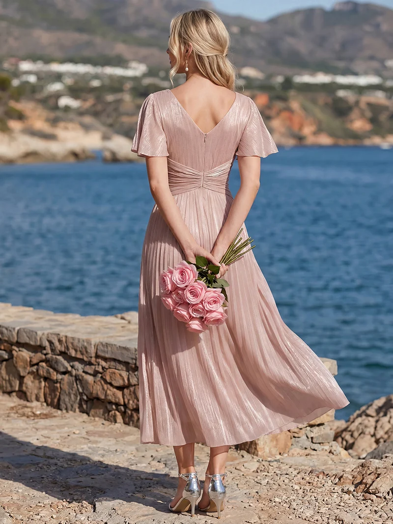 Robe midi à manches courtes avec volants en V et détails froncés