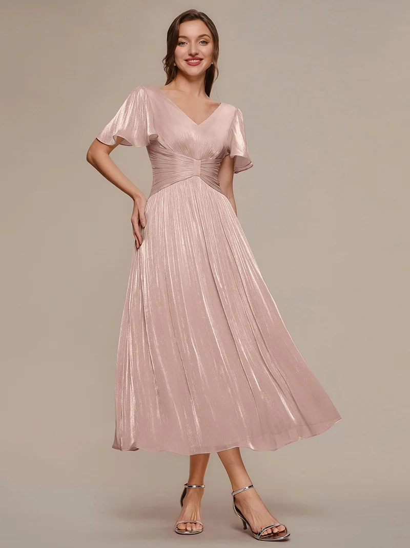 Robe midi à manches courtes avec volants en V et détails froncés