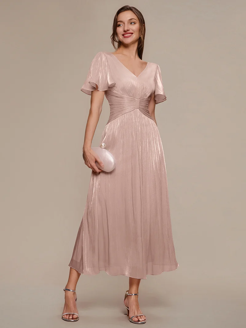Robe midi à manches courtes avec volants en V et détails froncés