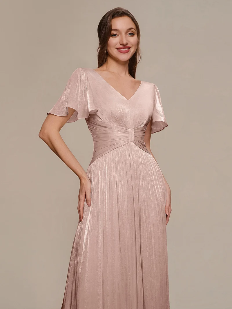 Robe midi à manches courtes avec volants en V et détails froncés