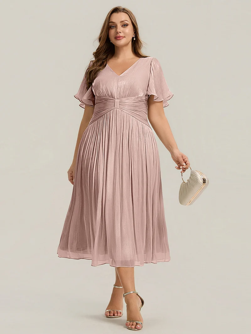 Robe midi à manches courtes avec volants en V et détails froncés