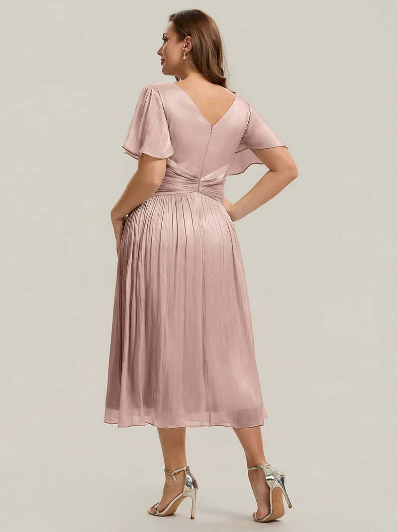 Robe midi à manches courtes avec volants en V et détails froncés