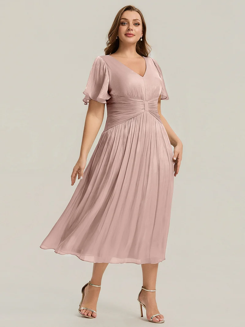 Robe midi à manches courtes avec volants en V et détails froncés