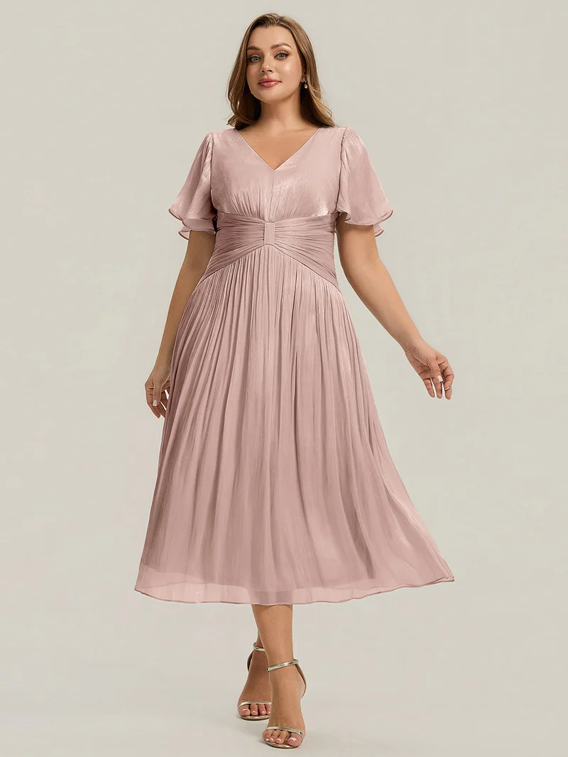 Robe midi à manches courtes avec volants en V et détails froncés