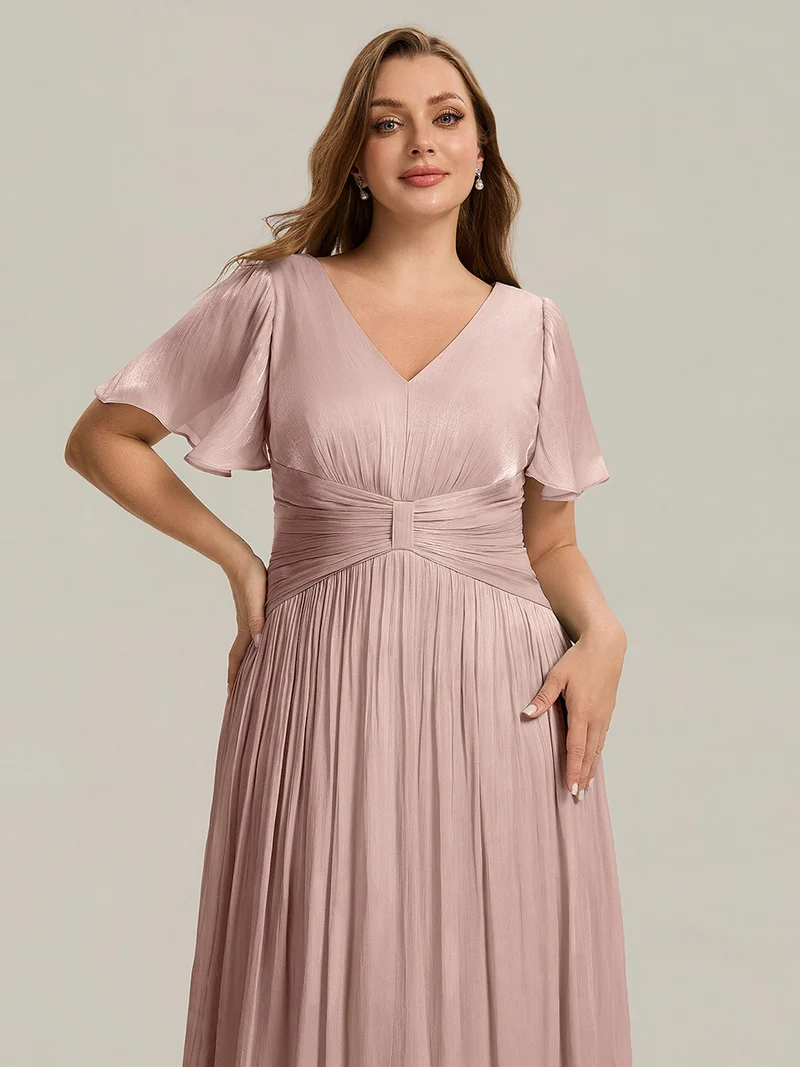 Robe midi à manches courtes avec volants en V et détails froncés