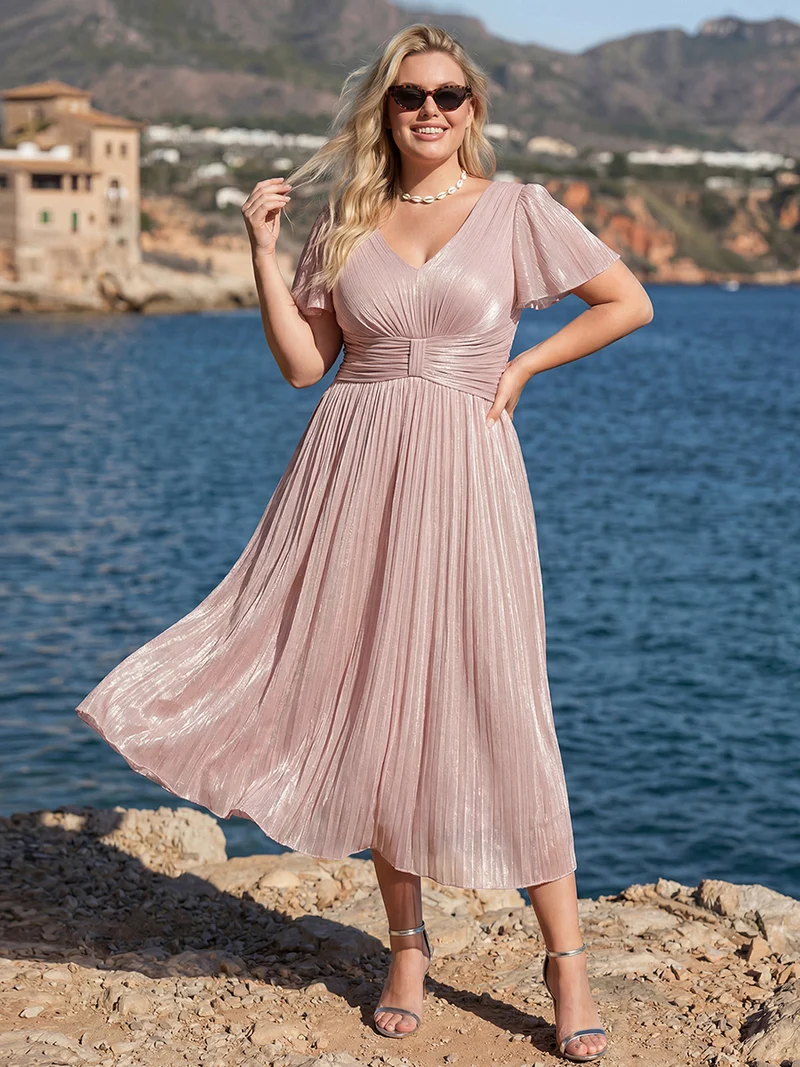 Robe midi à manches courtes avec volants en V et détails froncés