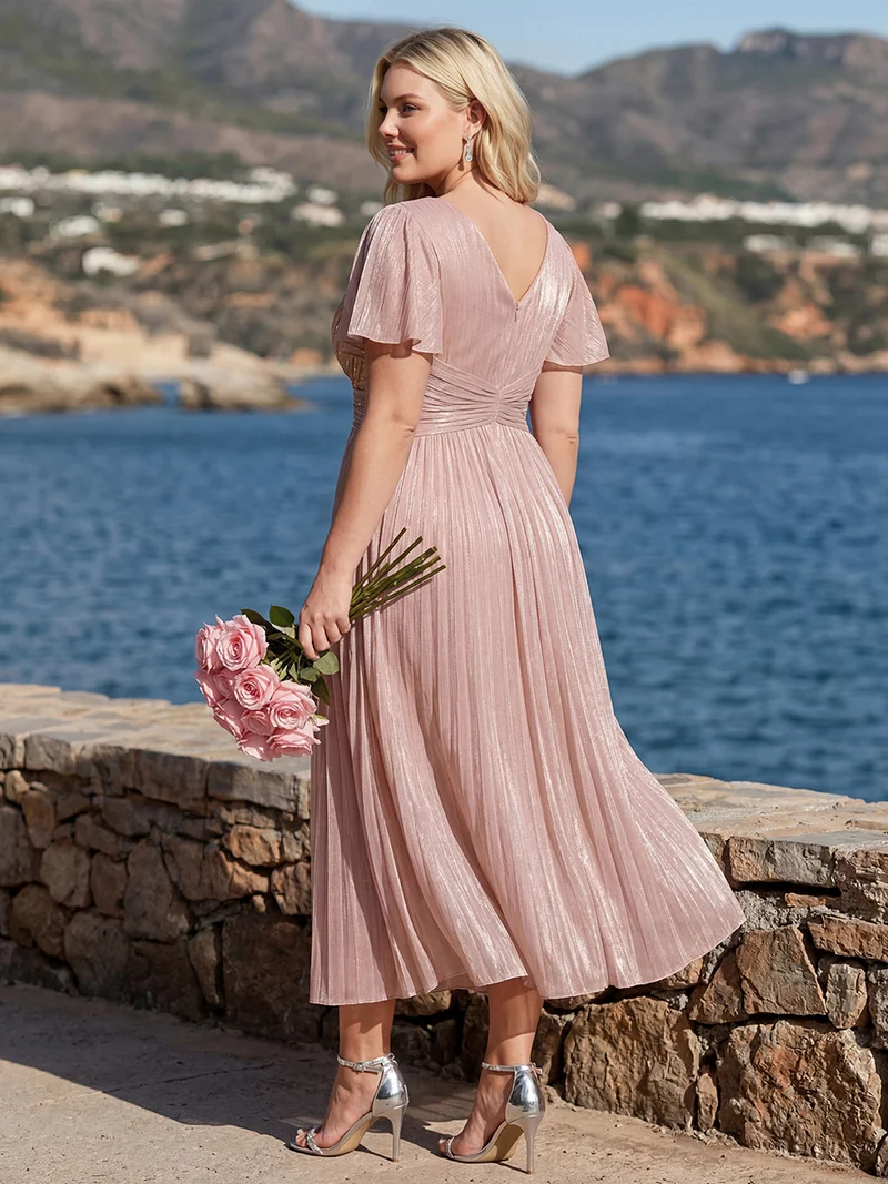 Robe midi à manches courtes avec volants en V et détails froncés