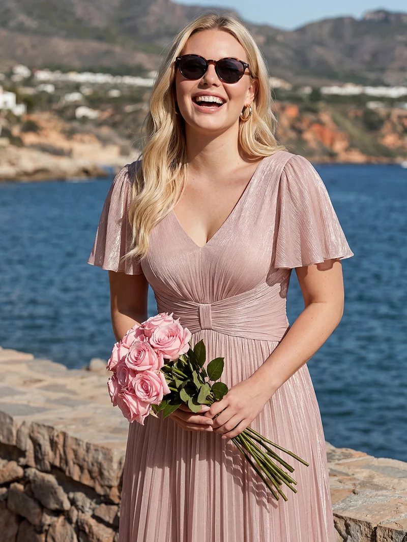 Robe midi à manches courtes avec volants en V et détails froncés