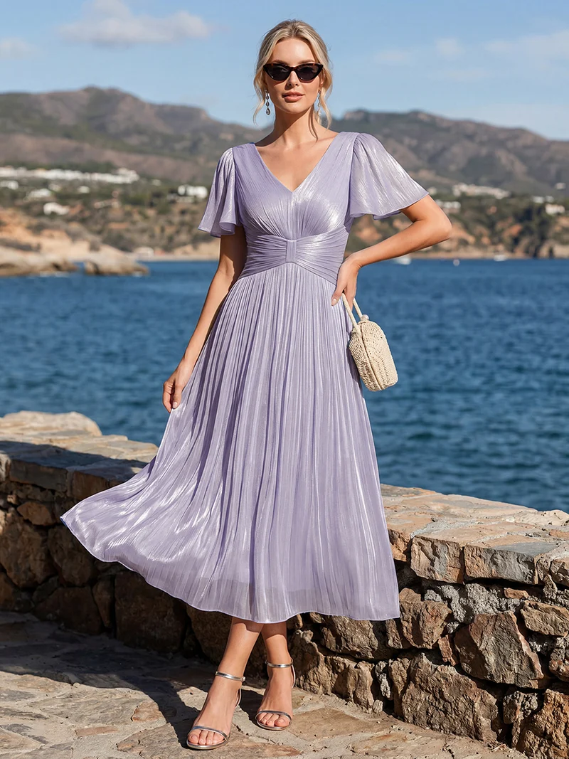 Robe midi à manches courtes avec volants en V et détails froncés