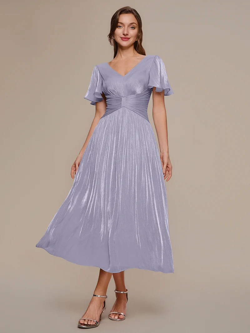 Robe midi à manches courtes avec volants en V et détails froncés