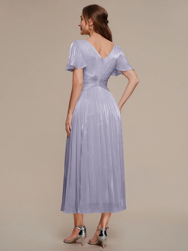 Robe midi à manches courtes avec volants en V et détails froncés