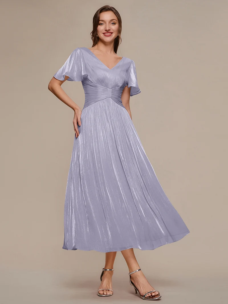 Robe midi à manches courtes avec volants en V et détails froncés