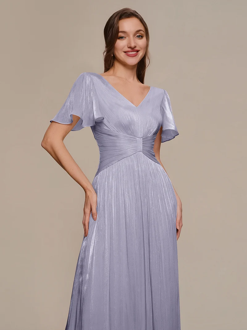 Robe midi à manches courtes avec volants en V et détails froncés