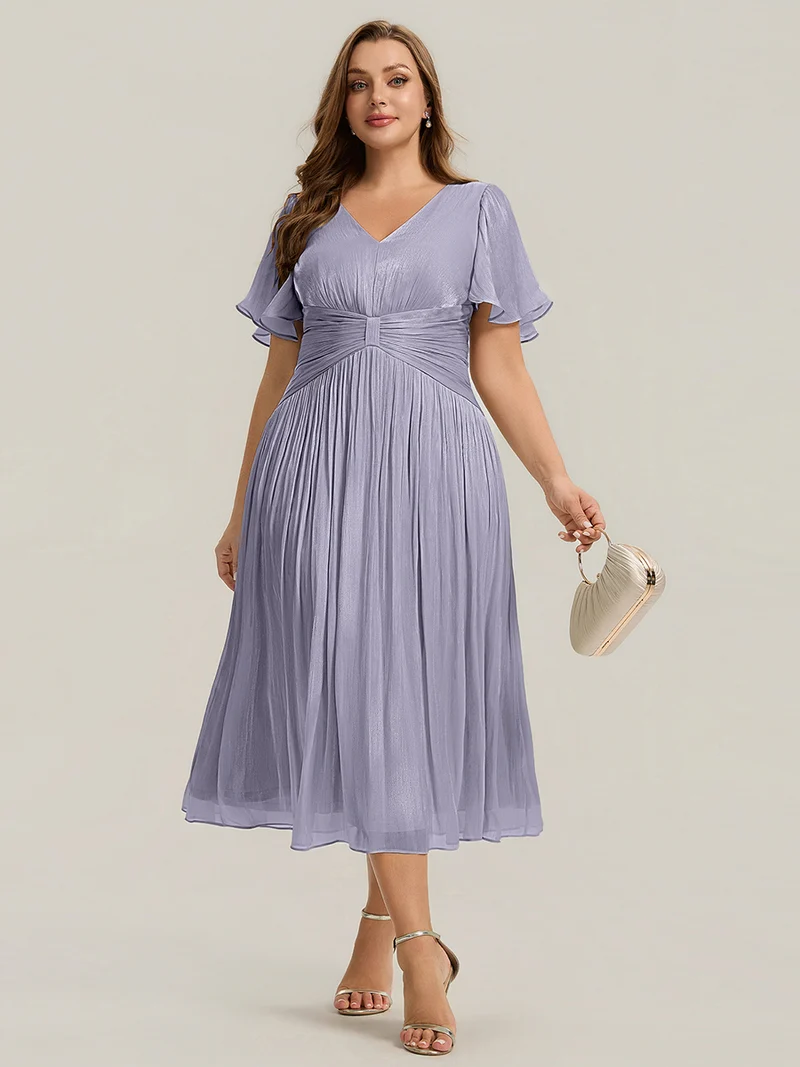 Robe midi à manches courtes avec volants en V et détails froncés
