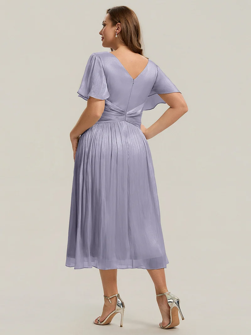 Robe midi à manches courtes avec volants en V et détails froncés