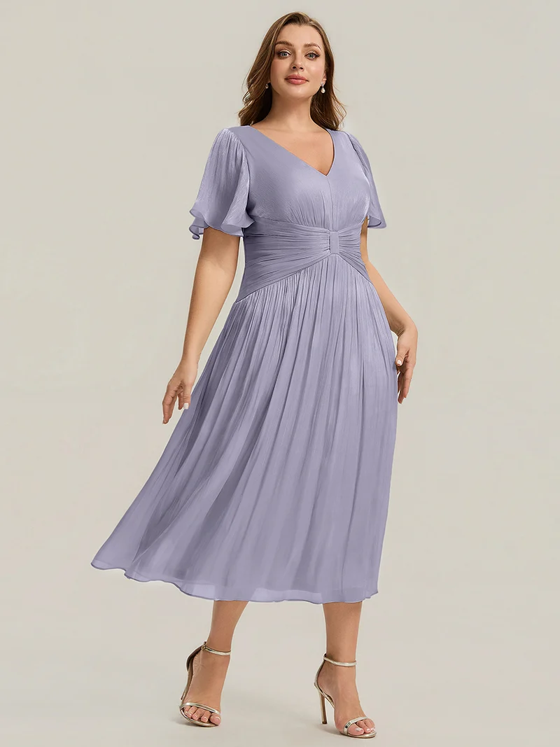 Robe midi à manches courtes avec volants en V et détails froncés