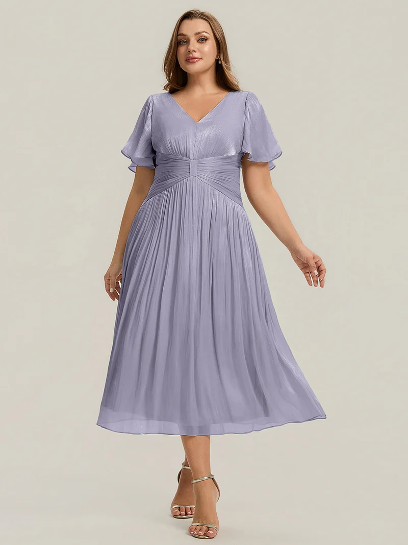 Robe midi à manches courtes avec volants en V et détails froncés