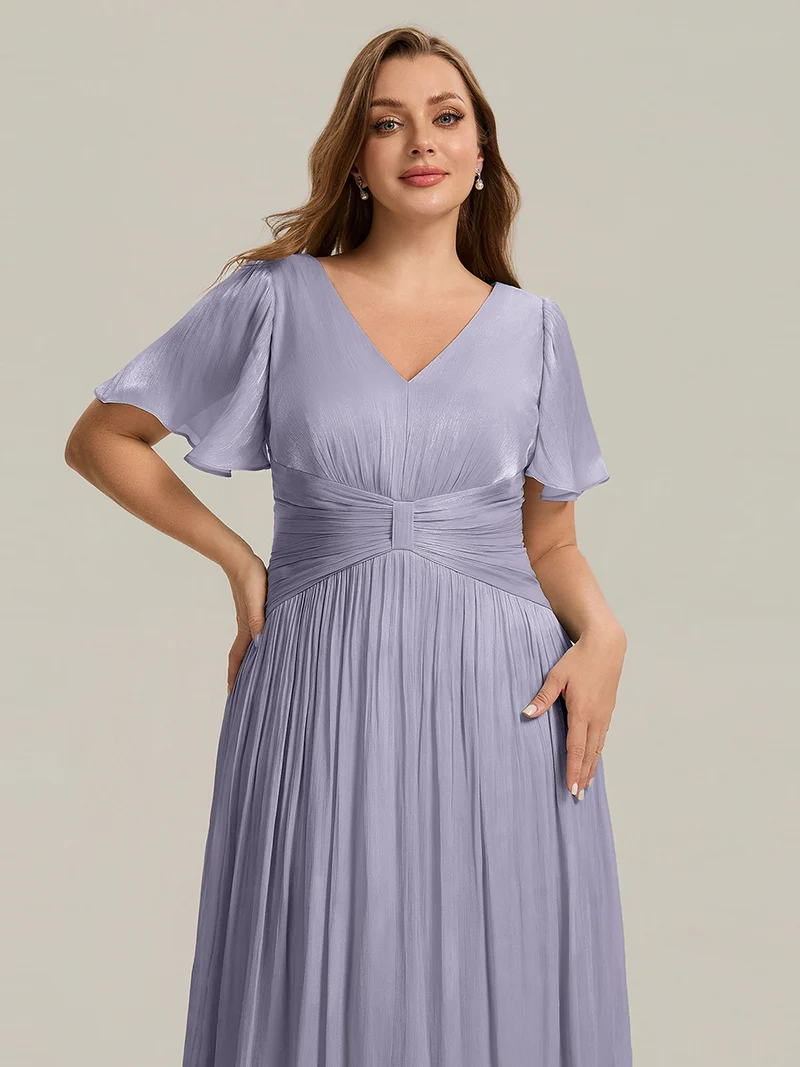 Robe midi à manches courtes avec volants en V et détails froncés