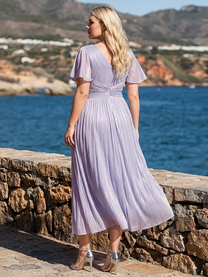 Robe midi à manches courtes avec volants en V et détails froncés