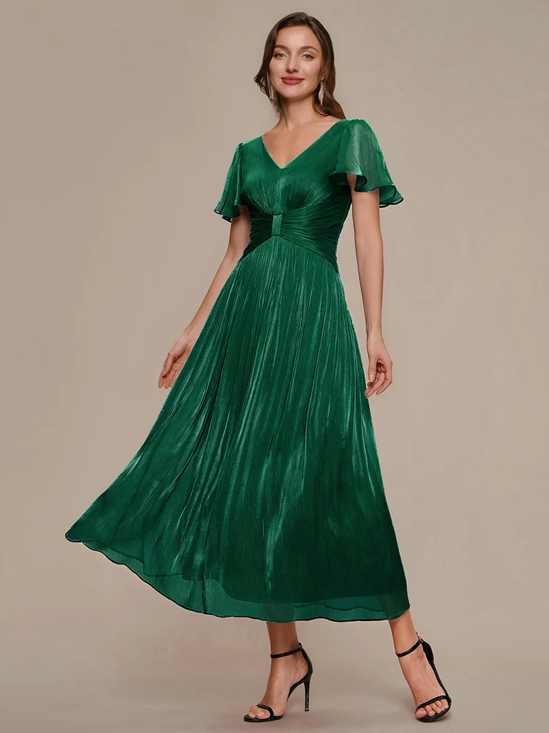 Robe midi à manches courtes avec volants en V et détails froncés