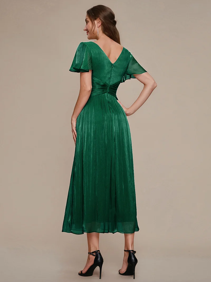 Robe midi à manches courtes avec volants en V et détails froncés