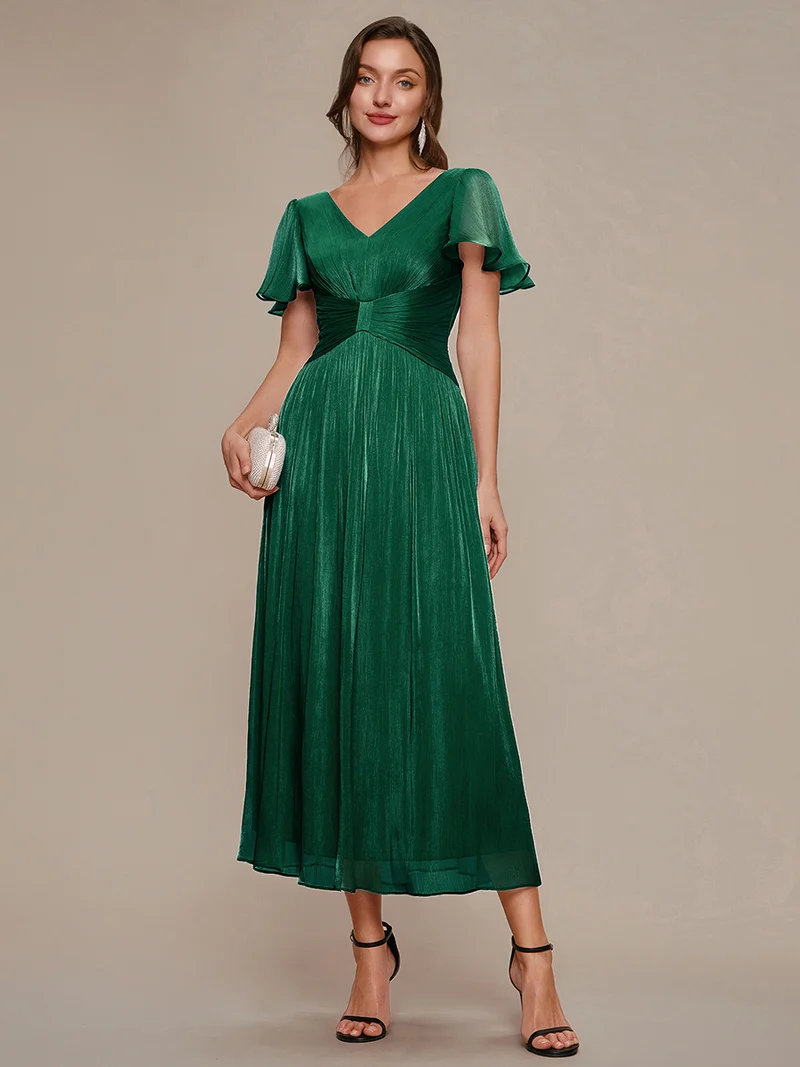 Robe midi à manches courtes avec volants en V et détails froncés