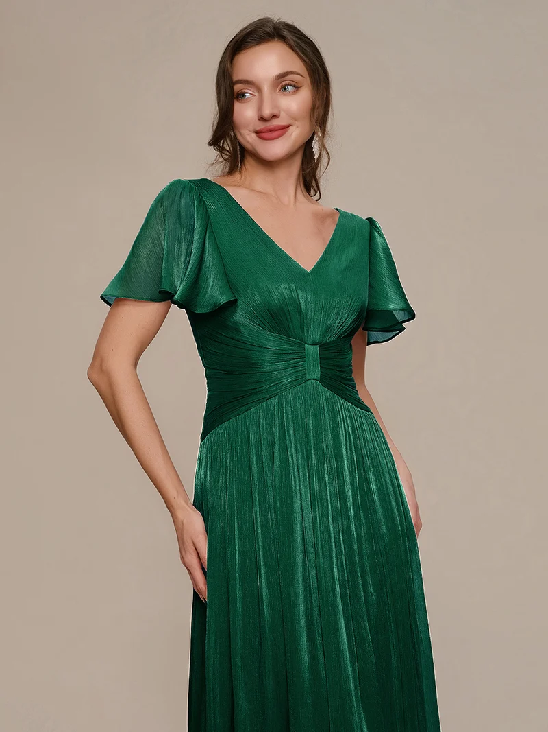 Robe midi à manches courtes avec volants en V et détails froncés