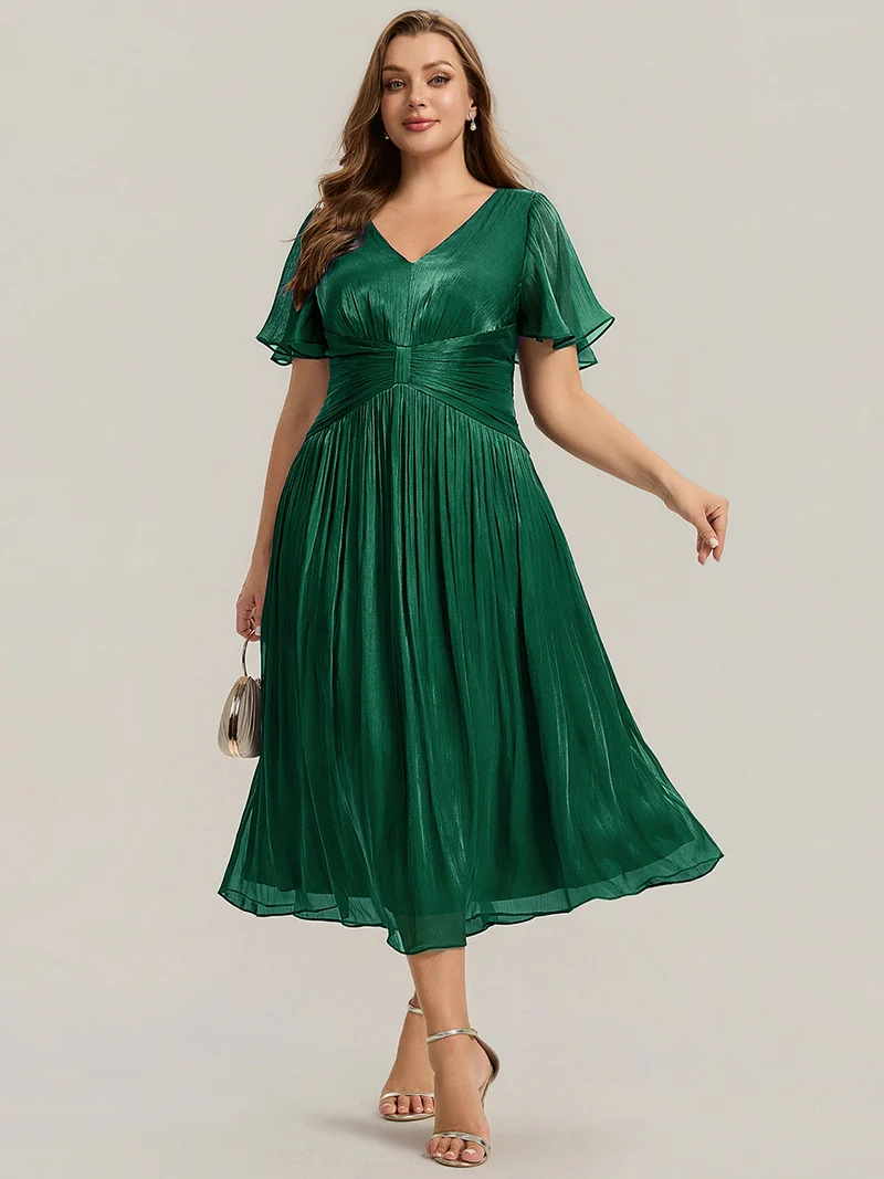 Robe midi à manches courtes avec volants en V et détails froncés
