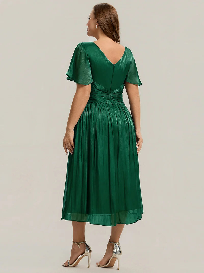 Robe midi à manches courtes avec volants en V et détails froncés